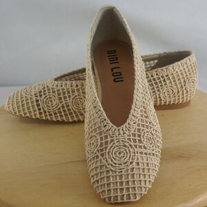 Bibi Lou Beige Woven Mesh Swirl Embroidery Square Toe Ballerina Flats Size 39